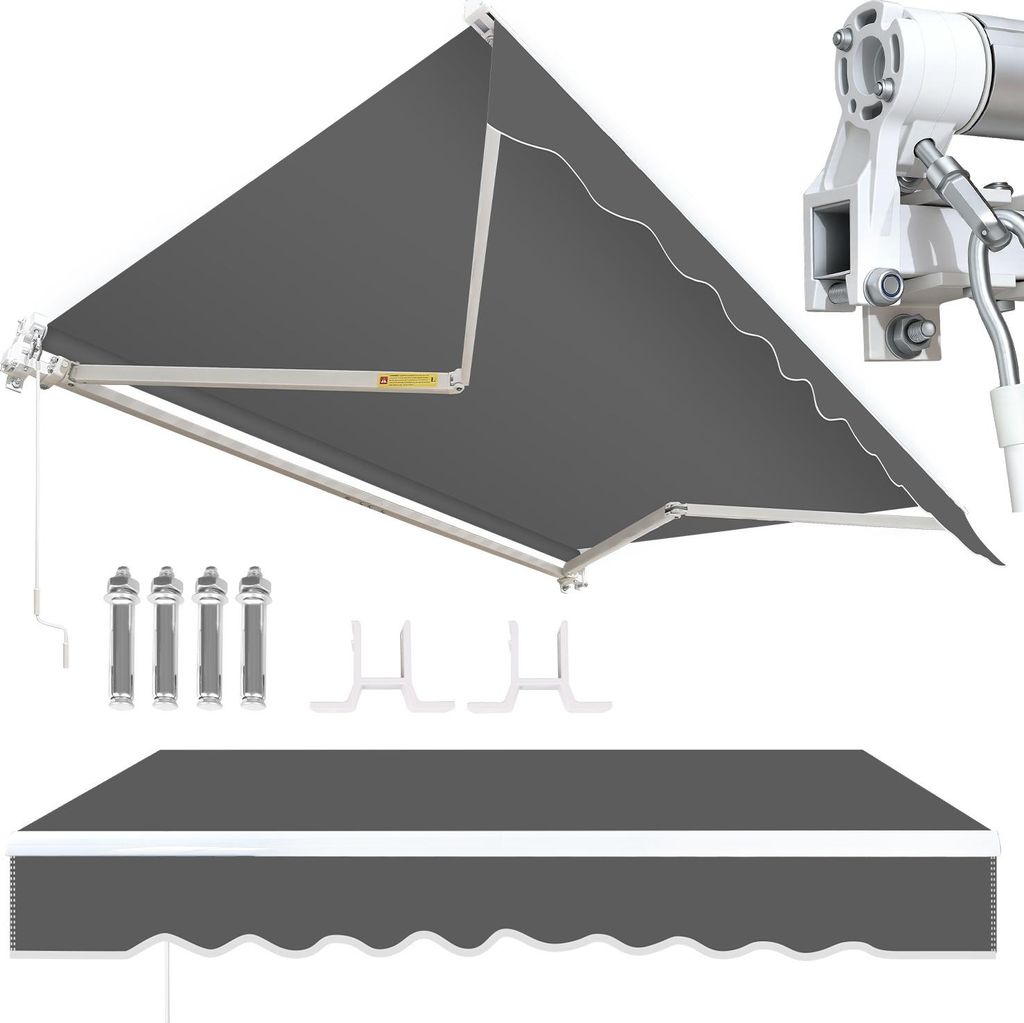 Faziango Markise 350 x 300 cm Beschattung Terrasse & Balkon - Gelenkarmmarkise mit Kurbel & Halterung Sonnenschutz Balkonmarkise Gelenkmarkise Grau