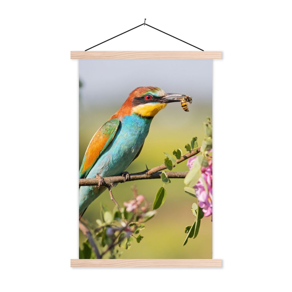 MuchoWow Textilposter Vogel - Bienenfresser - Blumen 120x180 cm mit holzfarbenen Rahmen - Textil-Plakat