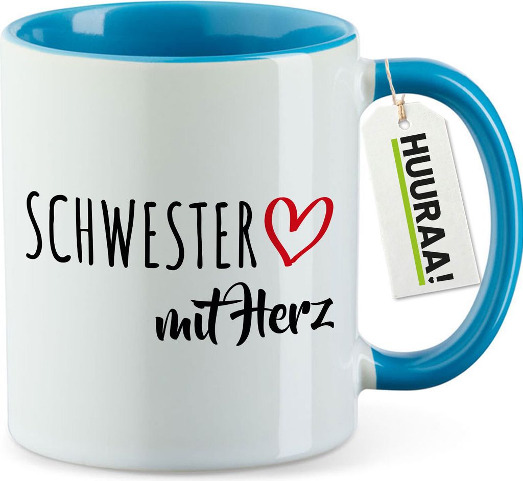 Huuraa Kaffeetasse Schwester mit Herz 330ml Blau Keramik Kaffeebecher Geschenkidee