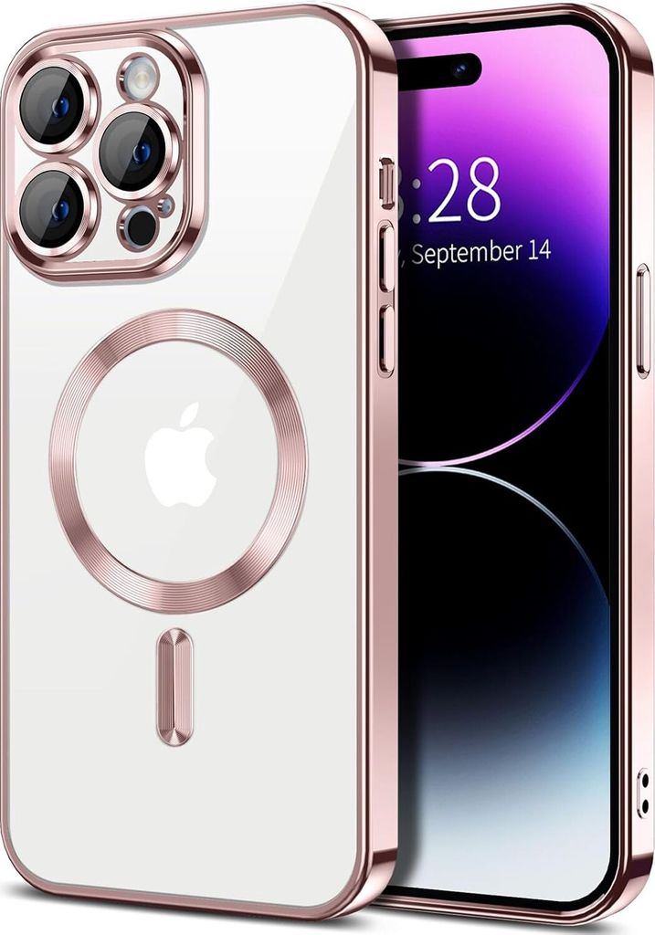 Magnetische Klar Hülle für iPhone 14 Pro, Kompatibel mit MagSafe, Elektroplattiert Handyhülle mit Kameraschutz Pink