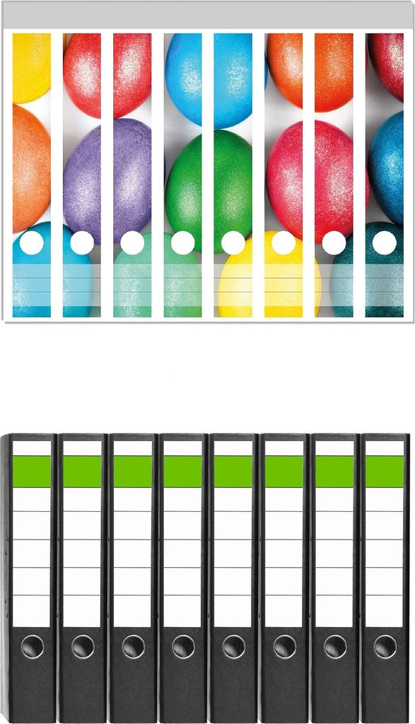 Wallario 8 Stück schmale Ordner inkl. Klebeetiketten mit Motive Bunte Oster-Eier in Nahaufnahme mit kräftigen Farben - Set mit Rückenschildern ...