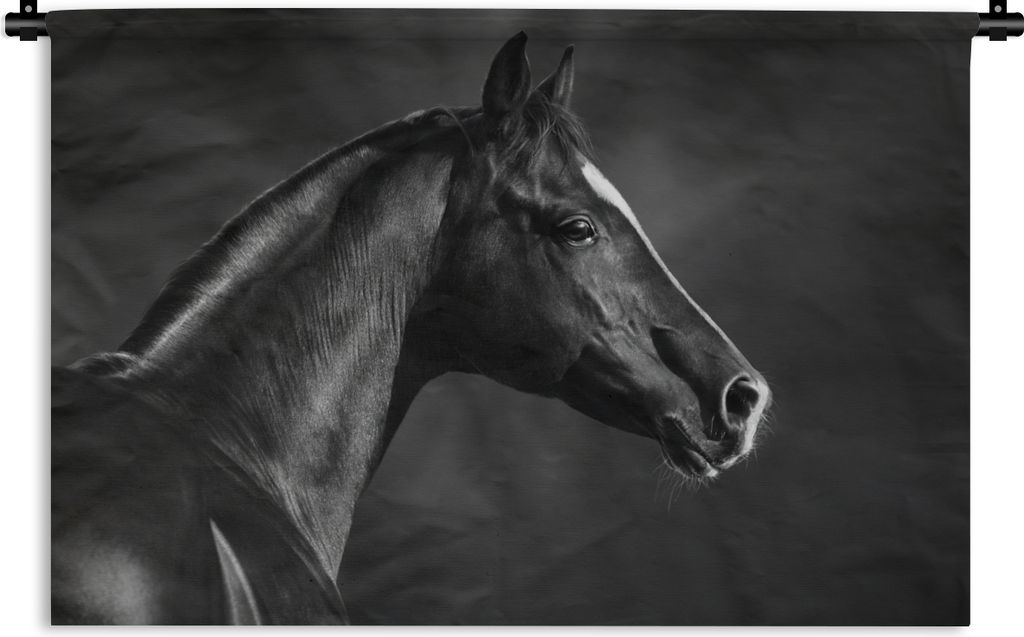 MuchoWow Wandteppich Wandbehang Pferd - Tiere - Schwarz - Weiß - Porträt 90x60 cm Tapisserie Dekoration Wandtuch - Wandskulpturen - Bildteppich