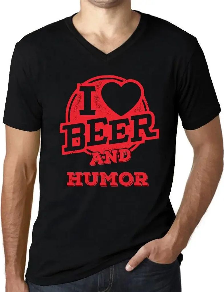 Herren Grafik T-Shirt V-Ausschnitt Ich liebe Bier und Humor – I Love Beer And Humor – Öko-Verantwortlich Vintage Jahrgang Kurzarm Lustige Druck