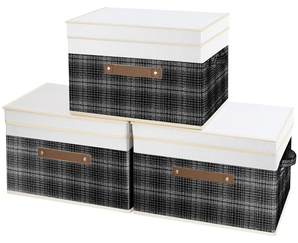 Dreidimensionale, faltbare Aufbewahrungsbox mit Deckel, Stoff, Patchwork-Design, schwarz, 38 x 25 x 25 cm