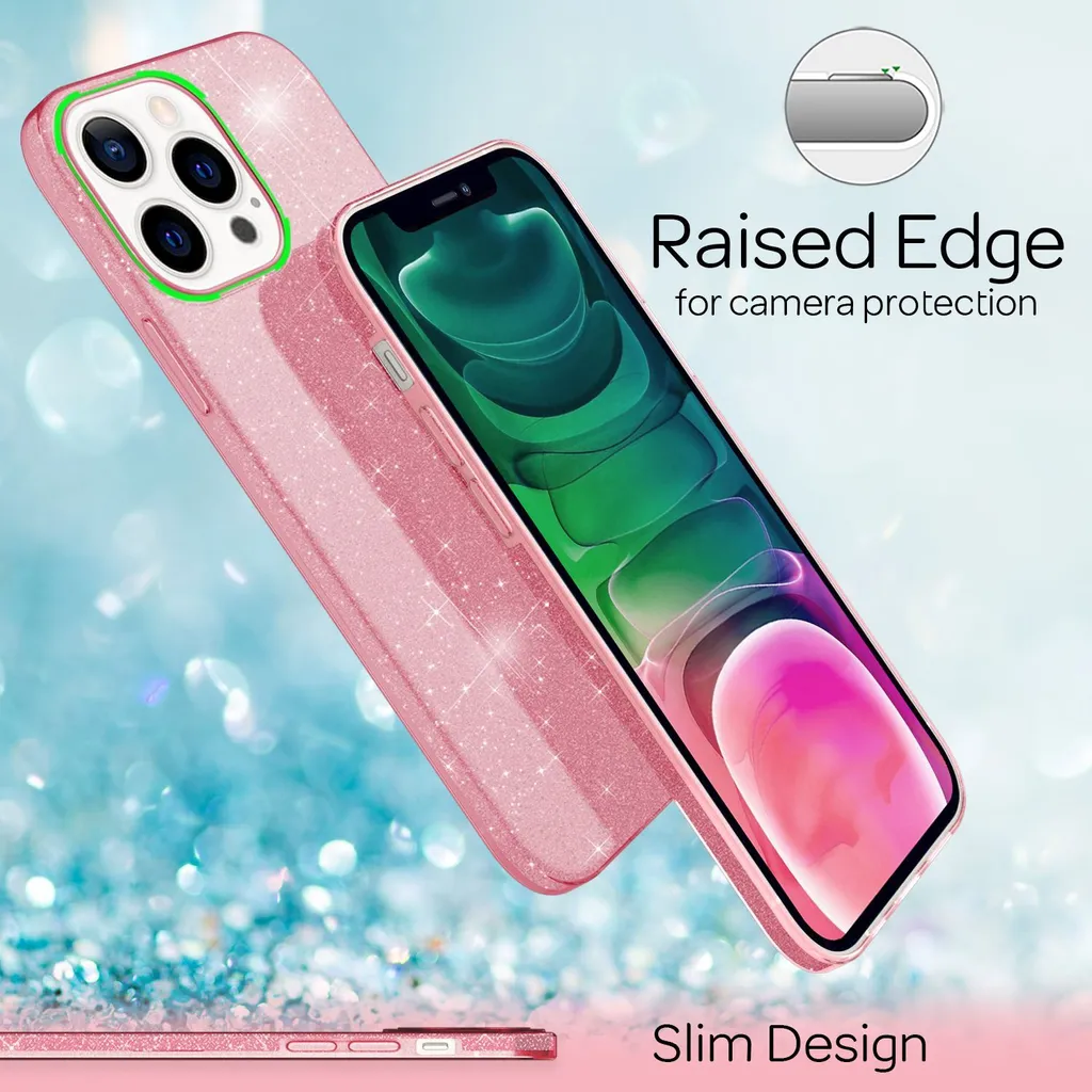 YINLAI Custodia protettiva per iPhone 13 Pro Max con glitter, di lusso, flessibile, antiurto, per fotocamera completa, per donne e ragazze, design per iPhone 13 Pro Max 6.7'', rosa