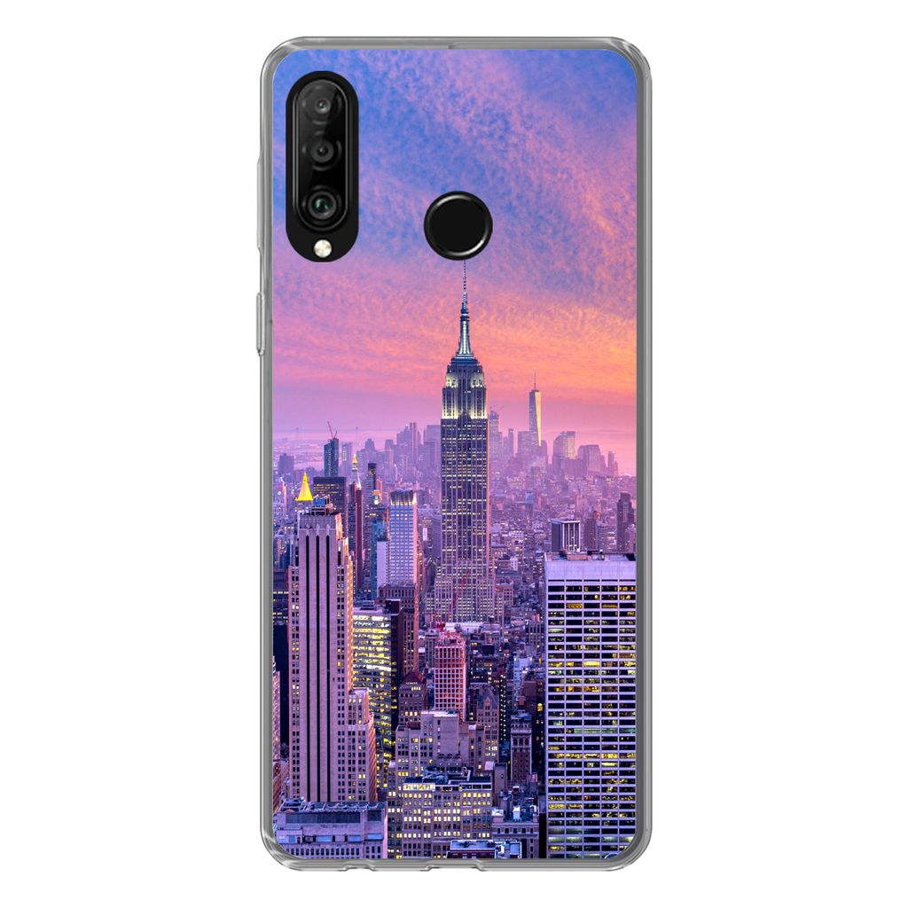 MuchoWow Handyhülle Schutzhülle Hülle für Huawei P30 Lite New York - Farben - Skyline Silikon Softcase Handy Hülle - Handyhülle