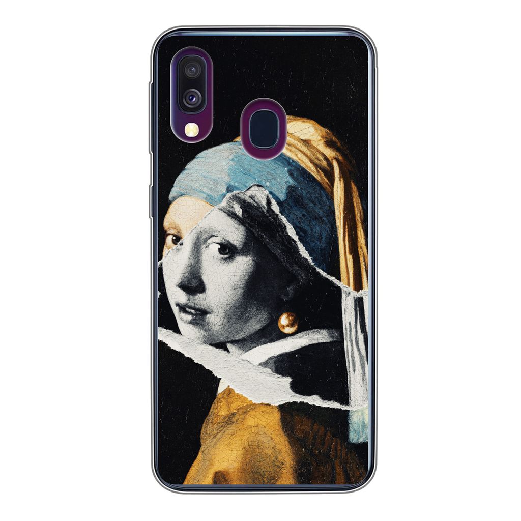 MuchoWow Handyhülle Schutzhülle Hülle für Samsung Galaxy A40 Mädchen mit Perlenohrring - Gold - Schwarz - Weiß Silikon Softcase Handy Hüll...