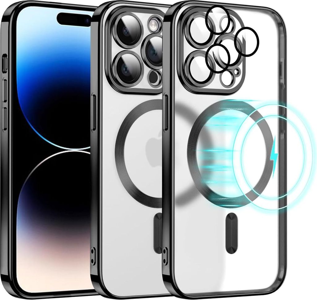 Schutz Hülle mit MagSafe für iPhone 15 Pro Magnet Case mit Kamera Schutzglas in Schwarz