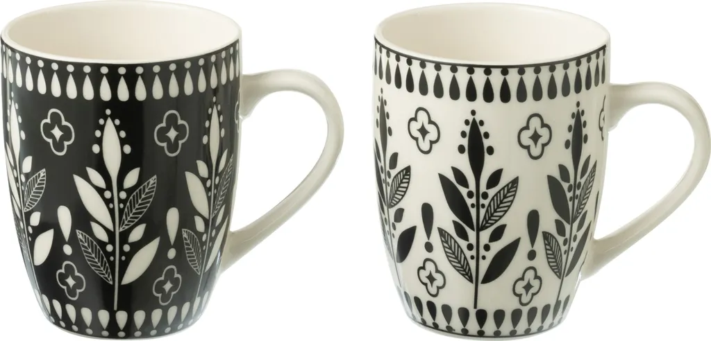 Tasses J-Line Motif Feuille Céramique Noir Blanc pour Café et Déco