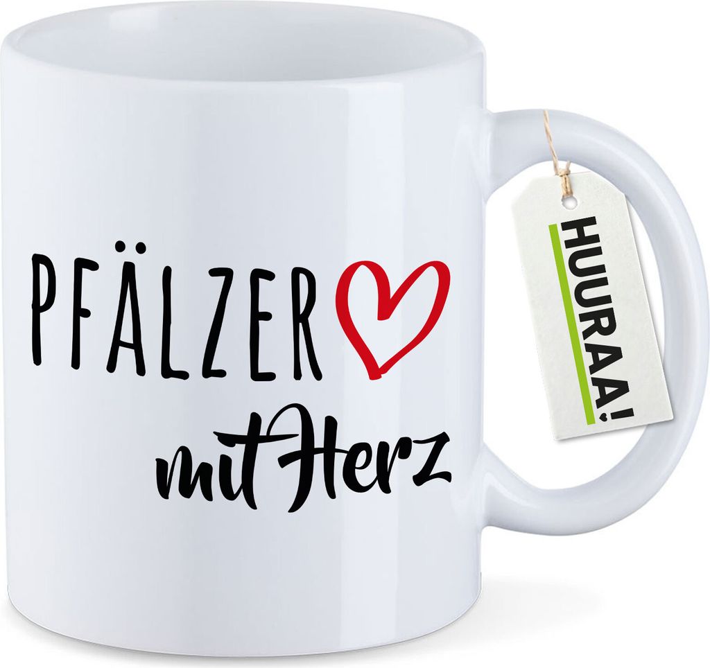 Huuraa Kaffeetasse Pfälzer mit Herz 330ml Weiß Keramik Kaffeebecher Geschenkidee