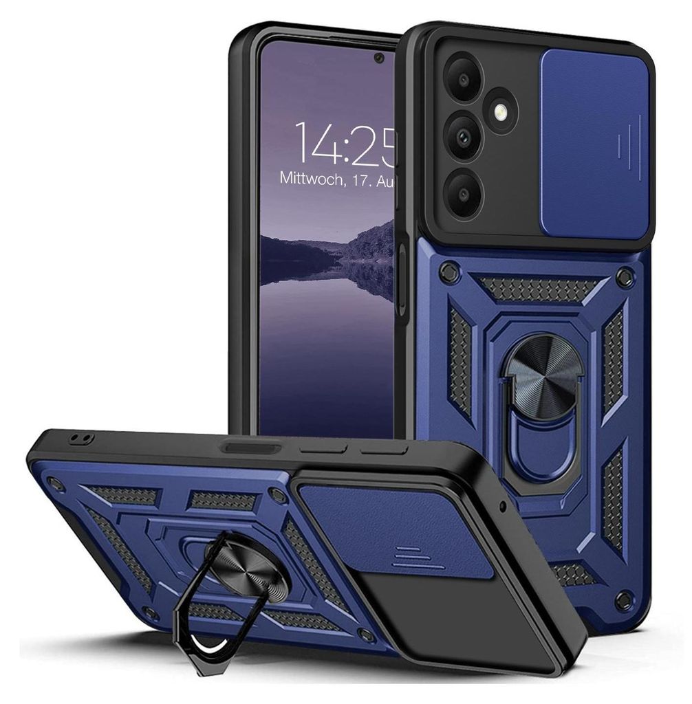 A blue and black armor phone case with a kickstand and camera cover, shown from multiple angles.