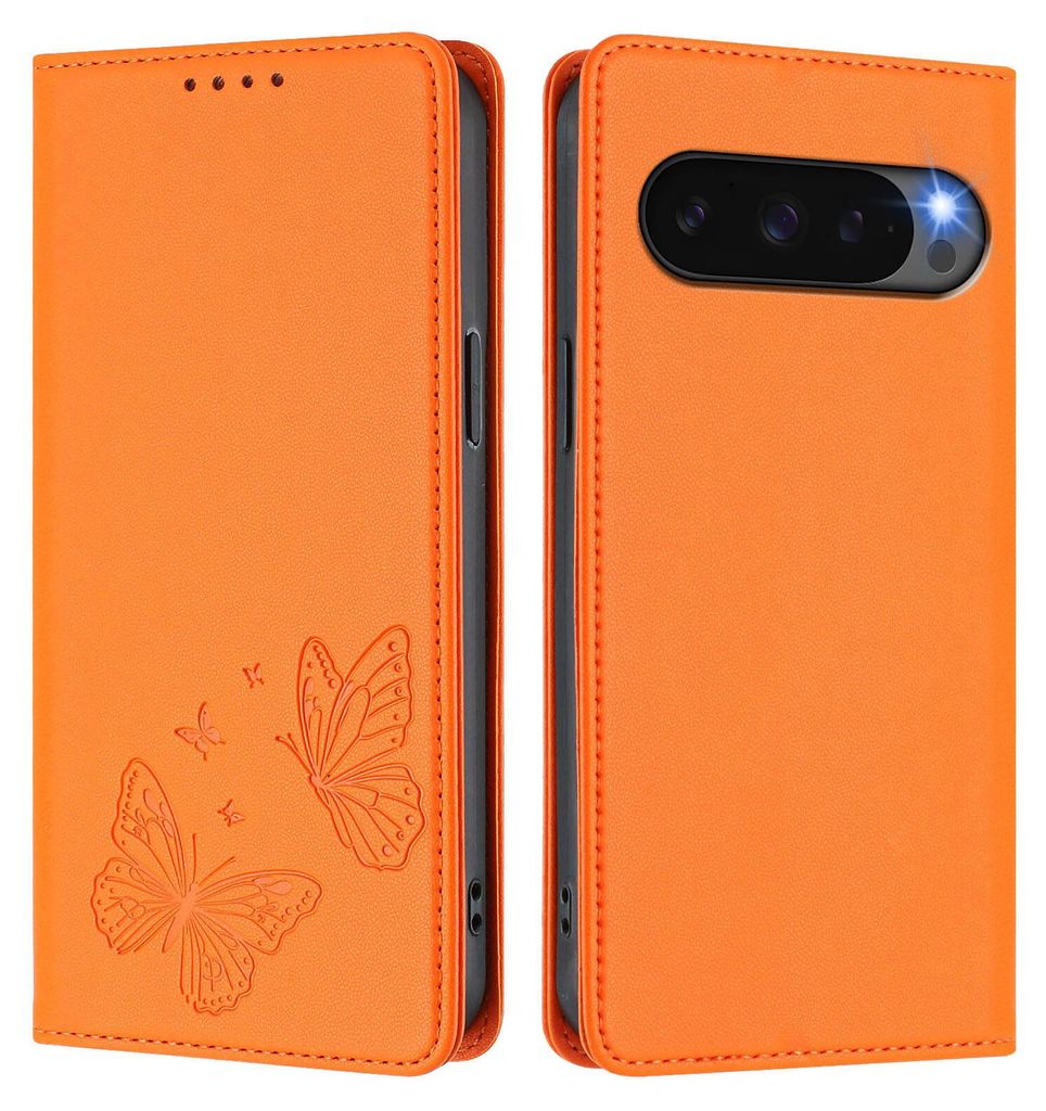 Lederhülle für Google Pixel 9 Pro XL/Pixel 10 Pro XL, Schmetterling Prägung Leder Brieftasche Schutzhülle mit Ständer Orange