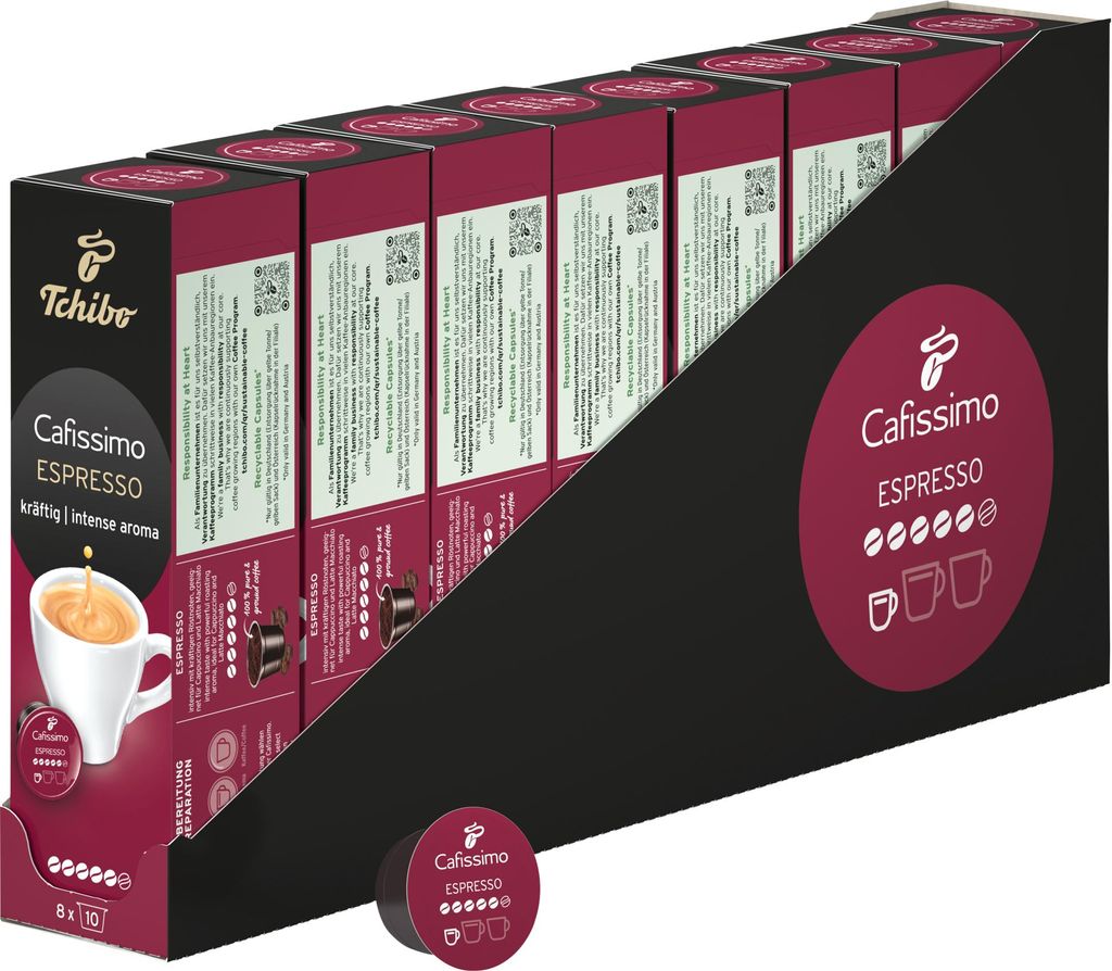 Tchibo Cafissimo Vorratsbox Espresso kräftig Kaffeekapseln, 80 Stück – 8x 10 Kapseln (Espresso, intensiv mit kräftigen Röstaromen), nachhalti...