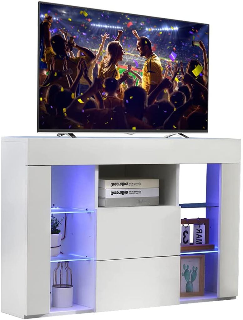 TV Lowboard Schrank Fernsehtisch Hochglanz TV Möbel mit RGB LED-Beleuchtung Weiß
