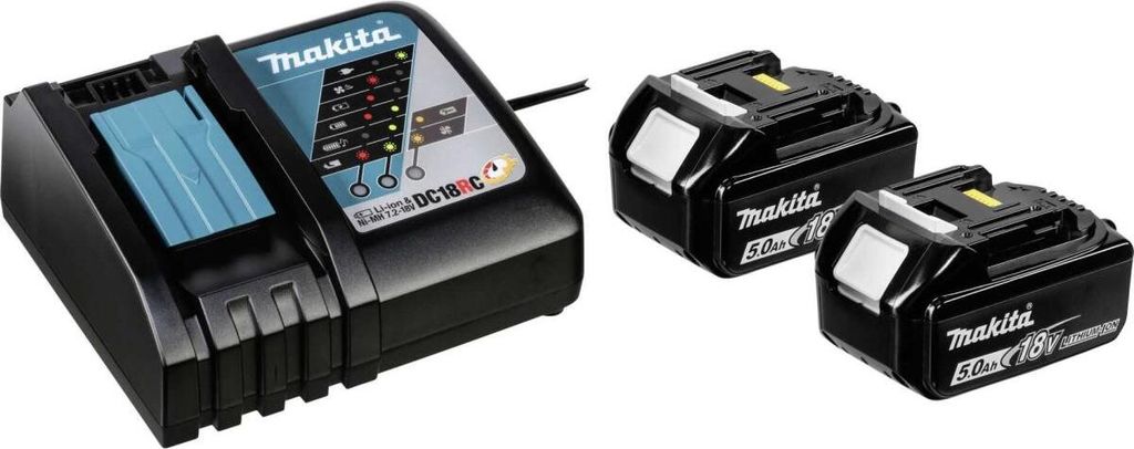 A Makita battery charger and two batteries are displayed on a white background.