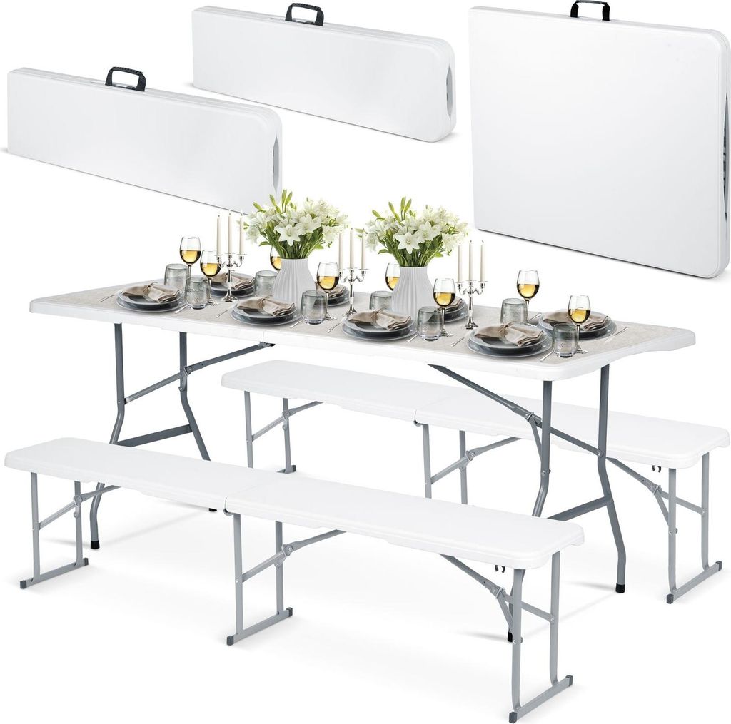Catering-Set Gartenklapptisch + 2 Bänke 180 cm Plonos weiß