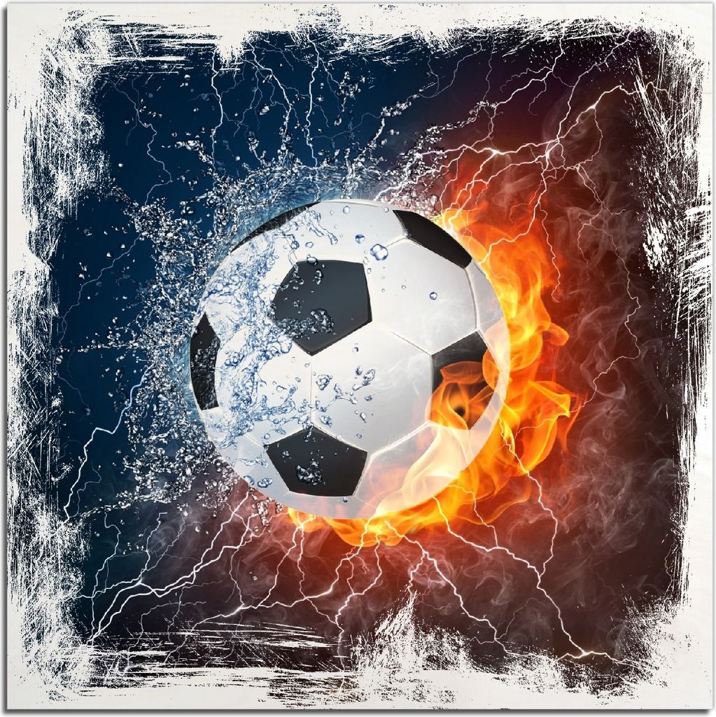 Kunstdrucke Wandbilder Holz in : Brillante Farben, Größe 50 x 50 cm Motiv Fußball - Feuer und Wasser