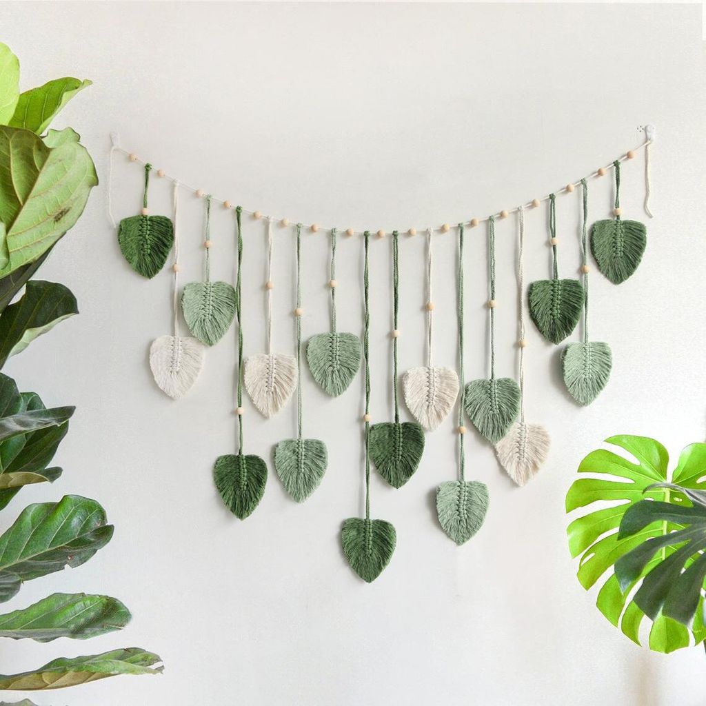 Makramee-Wandbehang, Blätter-Wandteppich, groß, mit Holzperlen, Boho-Dekor, Makramee-Dekoration für ästhetische Zimmer, Wohnung, Wanddekoration