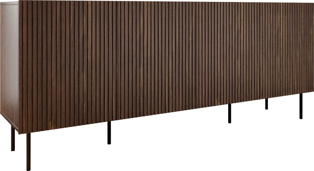 A long, dark wood sideboard with vertical slats and black metal legs, shown against a white background.