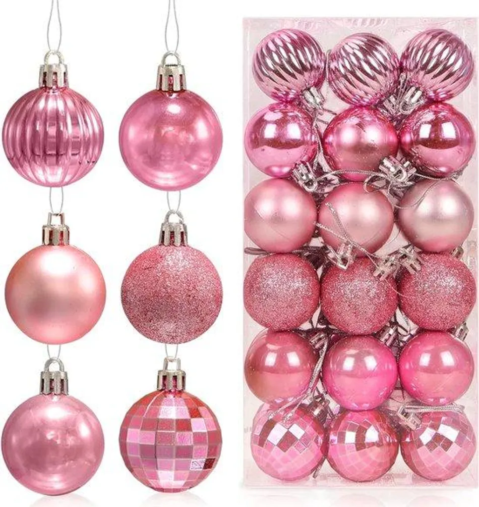 Suspensions sapin de Noël lot de 36 boules roses 4cm pour décoration