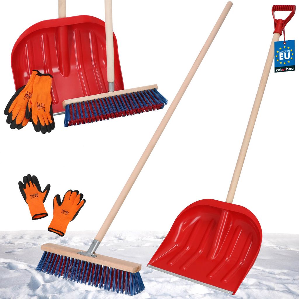 KOTARBAU Set Schneeschaufel mit Holzstiel 134,5 cm Straßenbesen 43 cm + Handschuhe Schneeschieber Snow Shovel Schneeräumer Gartenbesen mit Stie...