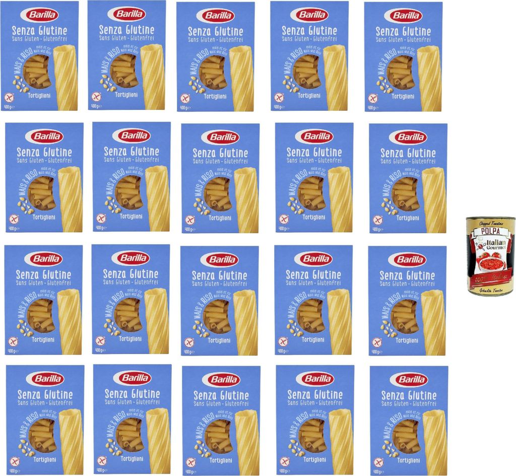 Barilla Senza Glutine Tortiglioni Mais & Reis Pasta 20 x 400g glutenfrei Vorratspackung italienische Nudeln + Italian Gourmet polpa