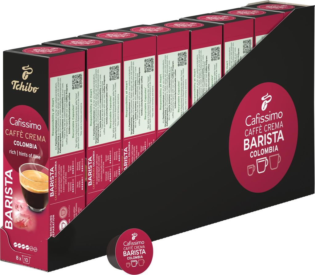 Tchibo Cafissimo Vorratsbox Caffè Crema Colombia Kaffeekapseln, 80 Stück – 8x 10 Kapseln (Kaffee, ausdrucksstark mit Hauch von Limette), nachha...