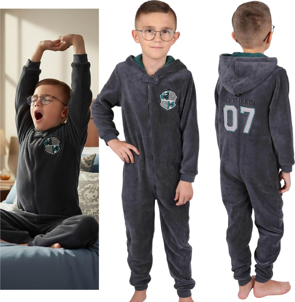 HARRY POTTER Slytherin Einteiliger Kinderpyjama, warmer Fleece-Pyjama, Onesie mit Kapuze Größe: 7-8 Jahre 128 cm