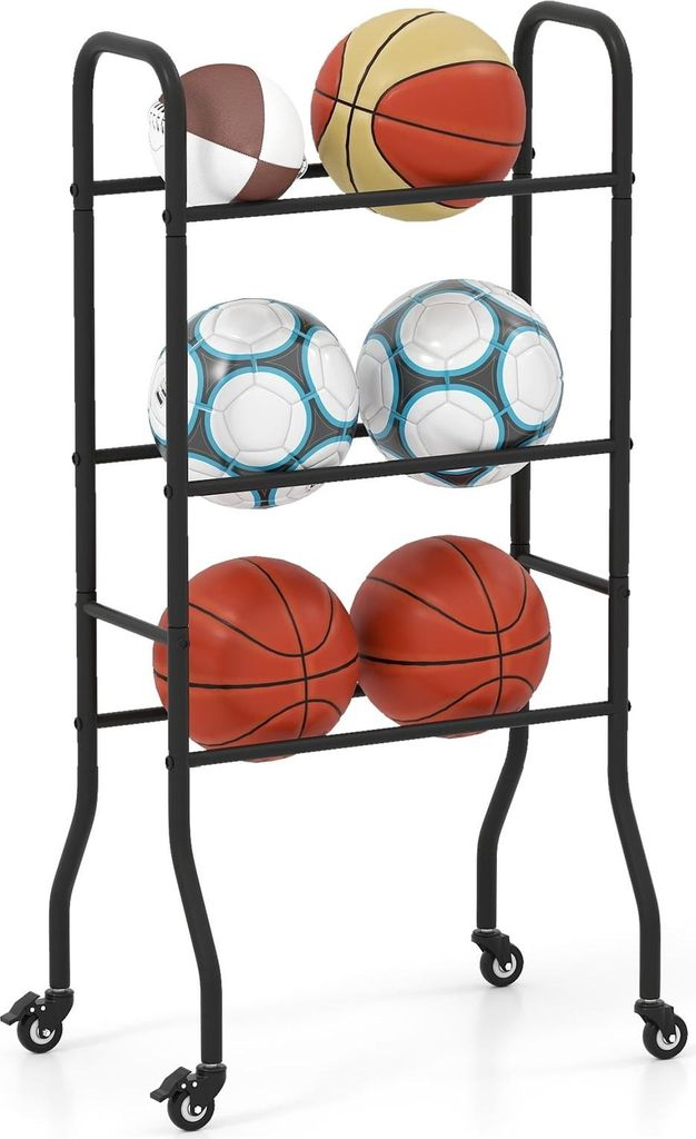 3-stöckiger Basketballständer aus Metall mit Rollen - Bietet Platz für 6 Bälle