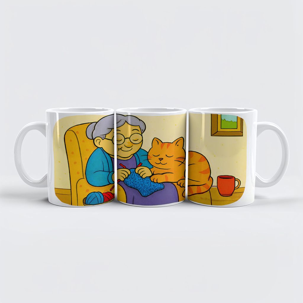 raxxa Premium-Tasse "Cute Cartoon Cat Resting on Knitting Grandma"