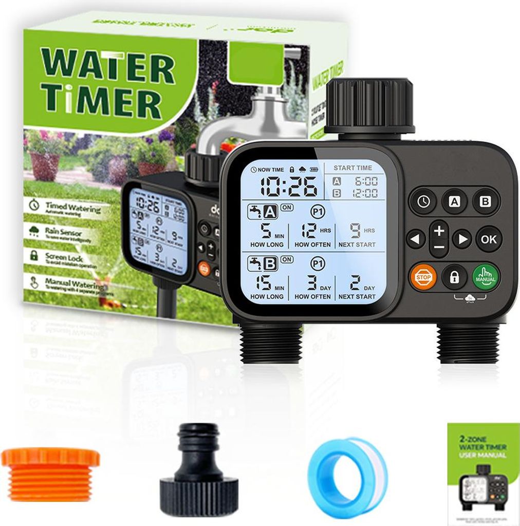 Bewässerungstimer 2-Zonen programmierbar, Garten Bewässerungssystem mit LCD Display, Regenverzögerung, für Rasen & Pflanzen