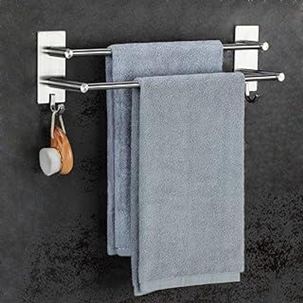 JS Handtuchhalter ohne Bohren Bad Handtuchstange Edelstahl Geschirrtuchhalter Selbstklebend Badetuchhalter Doppelt mit 2 Handtuchhaken Wandmontage ...