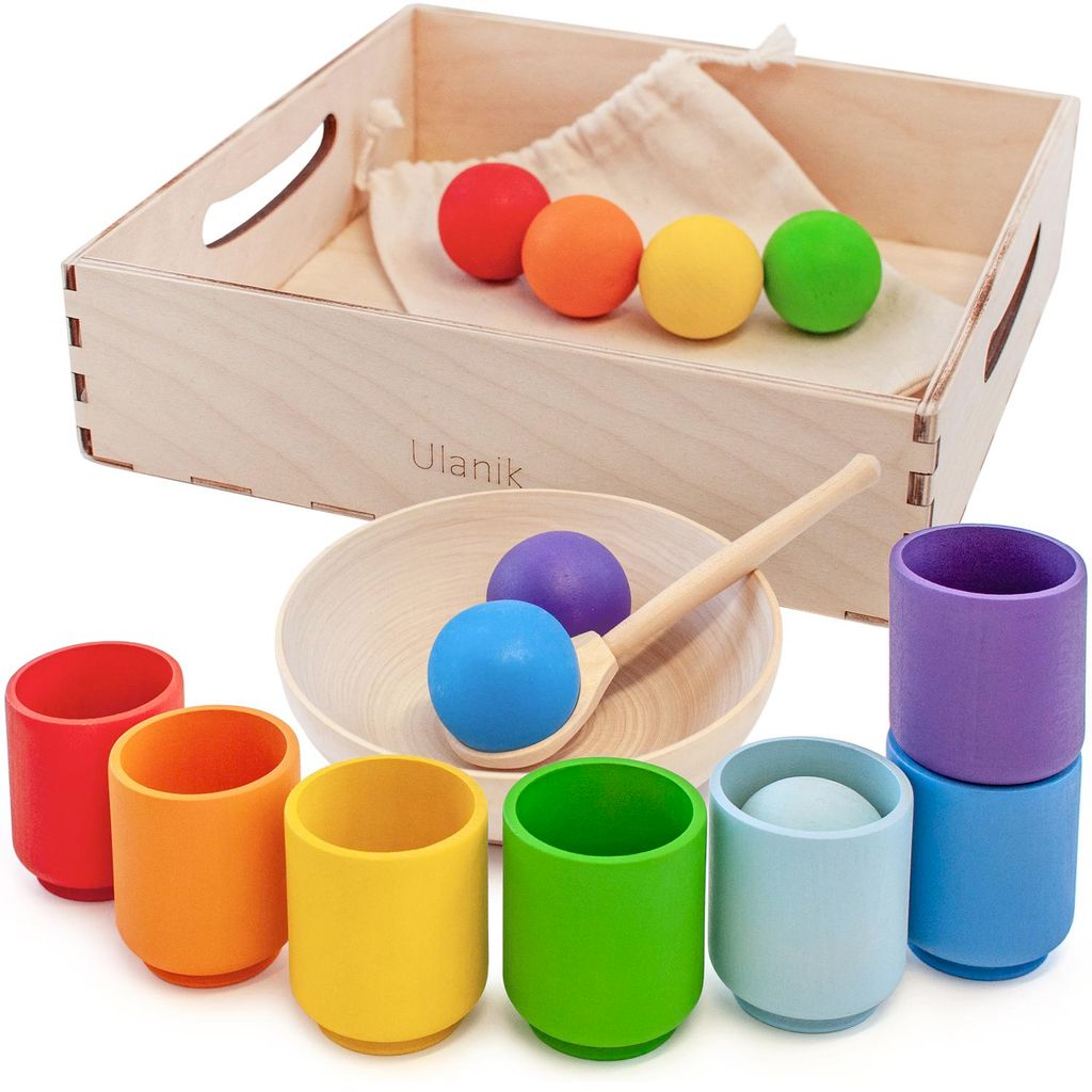 Ulanik Montessori Holzspielzeug "Regenbogen: Kugeln in Bechern"