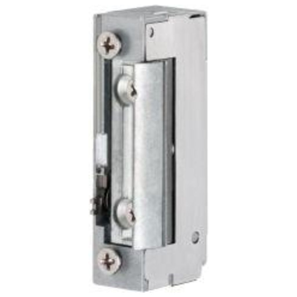 A close-up, studio shot of an electric door strike.