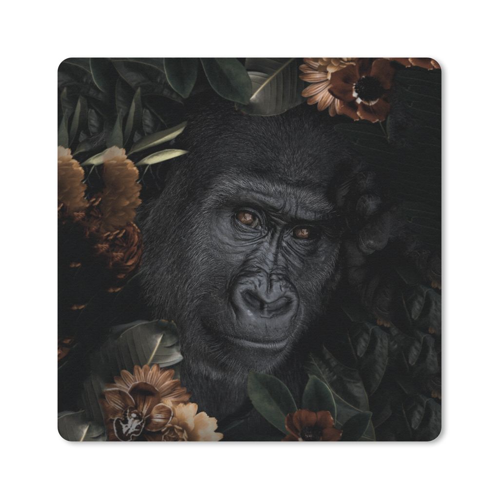 MuchoWow Mauspad Mousepad Affe - Tiere - Blumen - Schwarz 20x20 cm - Mousepads - Maus Mat - Pad - Mausunterlage - Desk Mat - Bureauartikeln