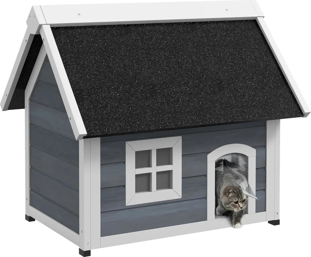 Maison pour chats en bois 77x57cm avec toit bitumé pliable Gris et Noir