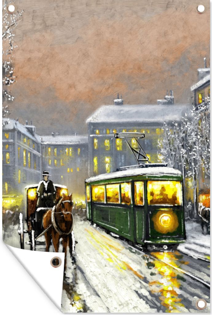 MuchoWow 80x120 cm Outdoor-Poster Gartendeko Sichtschutz Garten Poster für den Garten Gemälde - Ölgemälde - Winter - Straßenbahn - Pferd