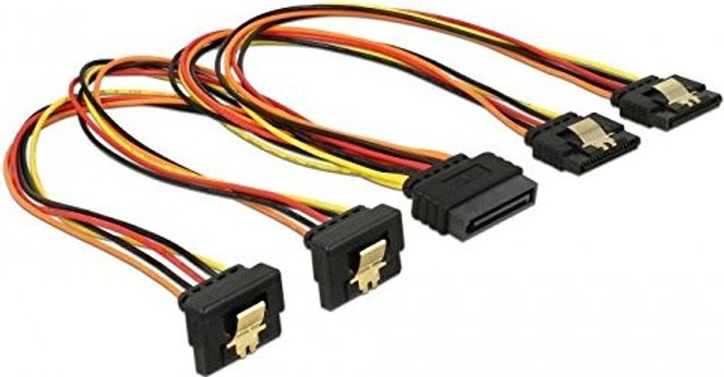 Kabel Power SATA 15 Pin Stecker Latchtype > SATA 15 Pin Buchse 2 x gerade / 2 x unten gewinkelt (3,3 V + 5 V + 12 V) 30 cm Delock