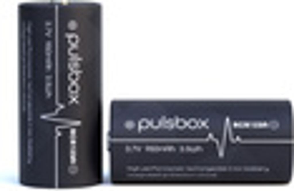 Two batteries are shown against a white background. One is standing upright, and the other is lying on its side.