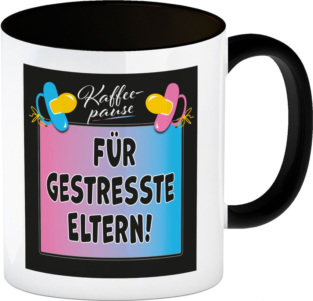 Schnuller Kaffeebecher in schwarz mit Spruch Kaffeepause Für gestresste Eltern