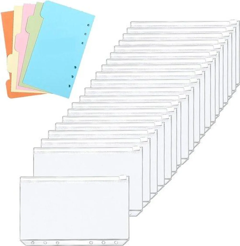 Lot de 20 pochettes A6 zippées à 6 trous avec intercalaires 5 couleurs