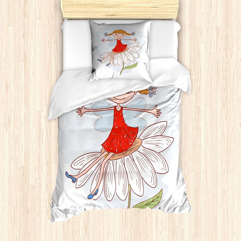 ABAKUHAUS Retro Bettbezug Set, Illustration eines Ingwer-Mädchens mit zwei Seiten umsponnenem Haar, das auf einer Kamille sitzt, 135 x 200 cm + 80...