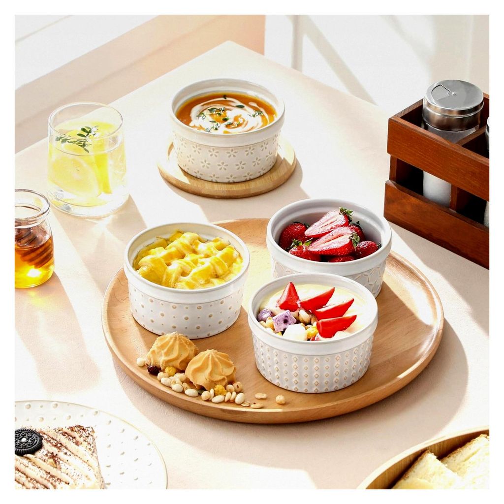 Ramekin 240 ml Soufflé Förmchen Set von 4, Ø11.1cm Creme Brulee Schälchen, ofenfest mit Relief, Steingut Soufflés, kleine Schalen, Mini Auflau...