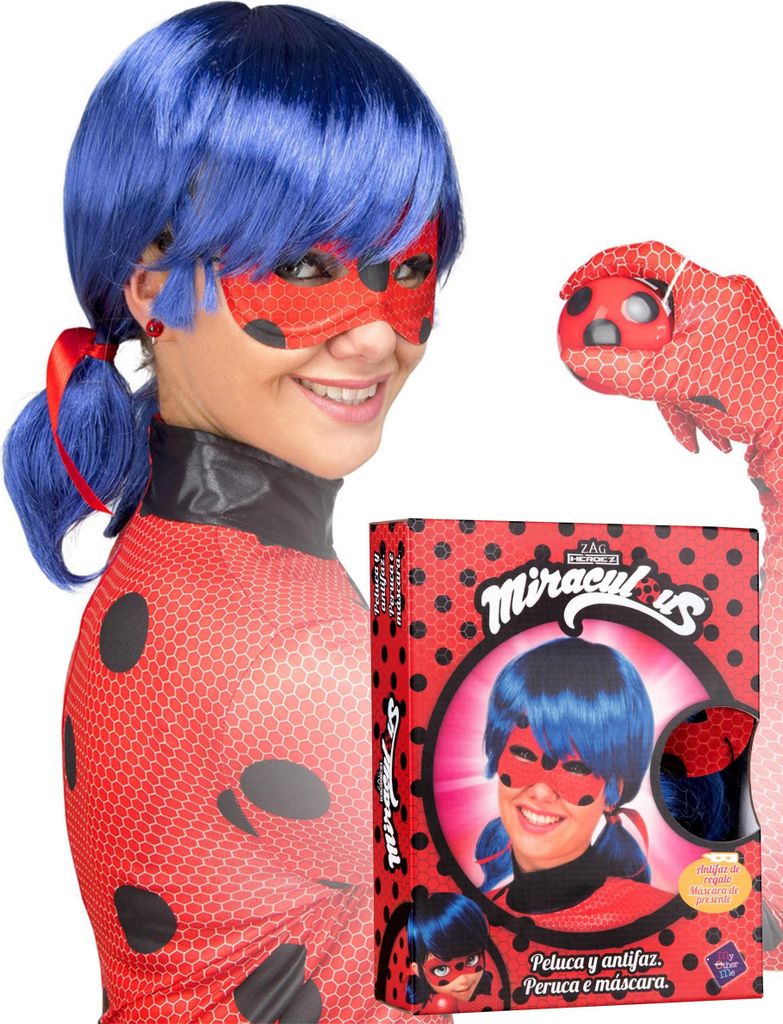 Ladybug Perücke mit Maske für Erwachsene blau-rot-schwarz - Produktbild 