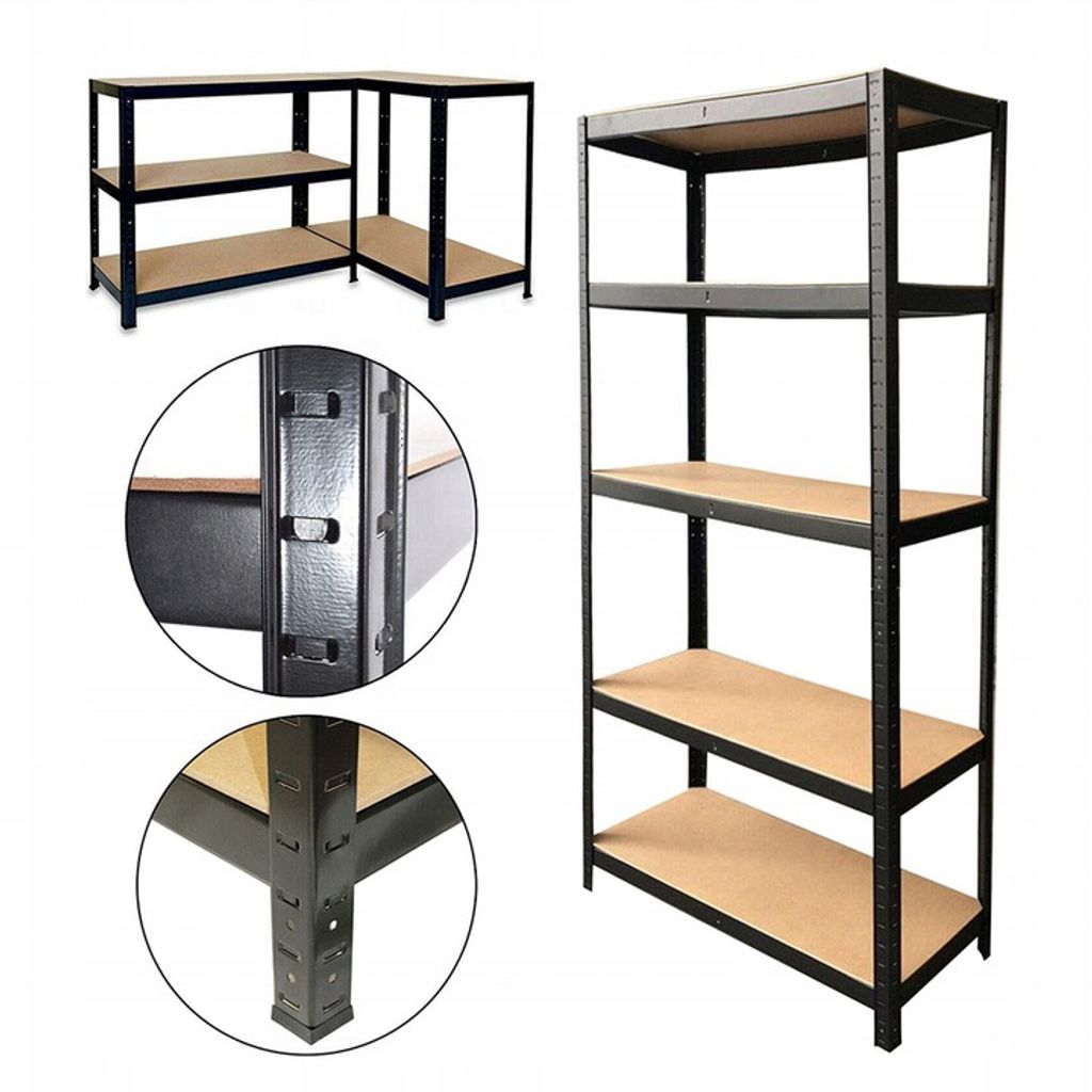 SCHRAUBENLOSER METALLREGAL SCHWARZ VERZINKT 180x90x40 CM, BELASTBARKEIT 875 kg