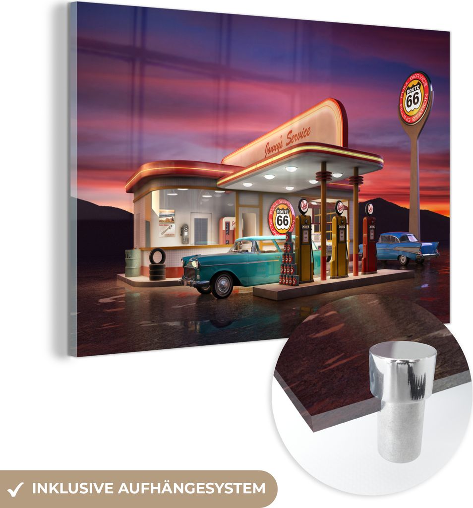 MuchoWow Glasbilder - Bilder auf Wandbild - Foto auf Glas Tankstelle - Auto - Oldtimer 90x60 cm Wanddekoration aus Glas - Acrylglasbild - Acrylbild...