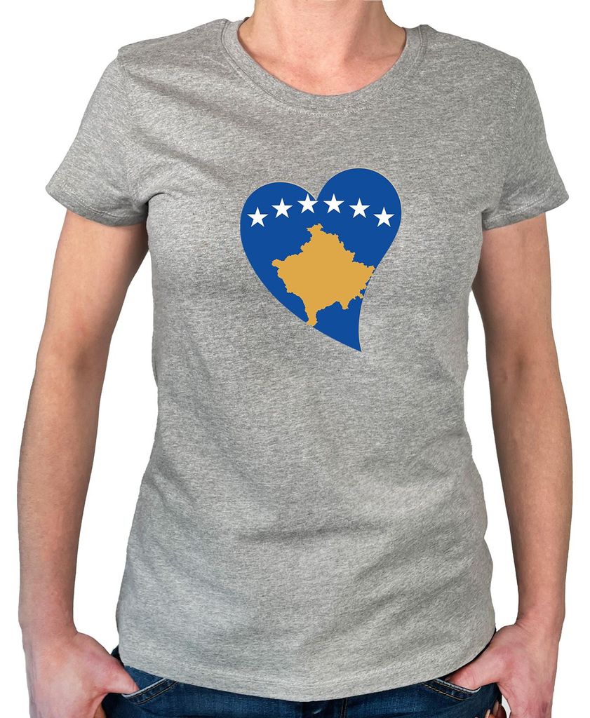 Huuraa Damen T-Shirt Kosovo Flagge Herz S Sport Grey Bio Baumwolle Fairtrade Damenshirt Geschenkidee