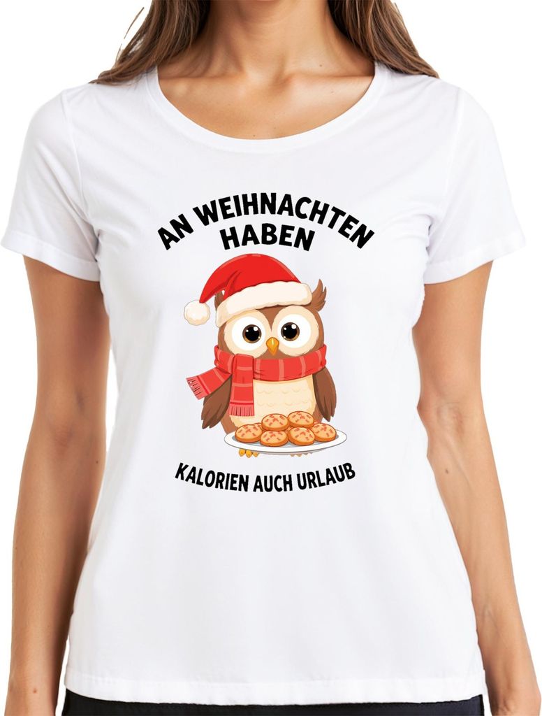 Kalorien haben Urlaub an Weihnachten Eule Kekse lustig Geschenk Damen T-Shirt, Weiß, L