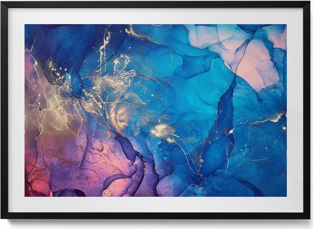 Blaue Abstraktion mit Rosa– Wandbild mit Rahmen – Gerahmtes Produktbild 