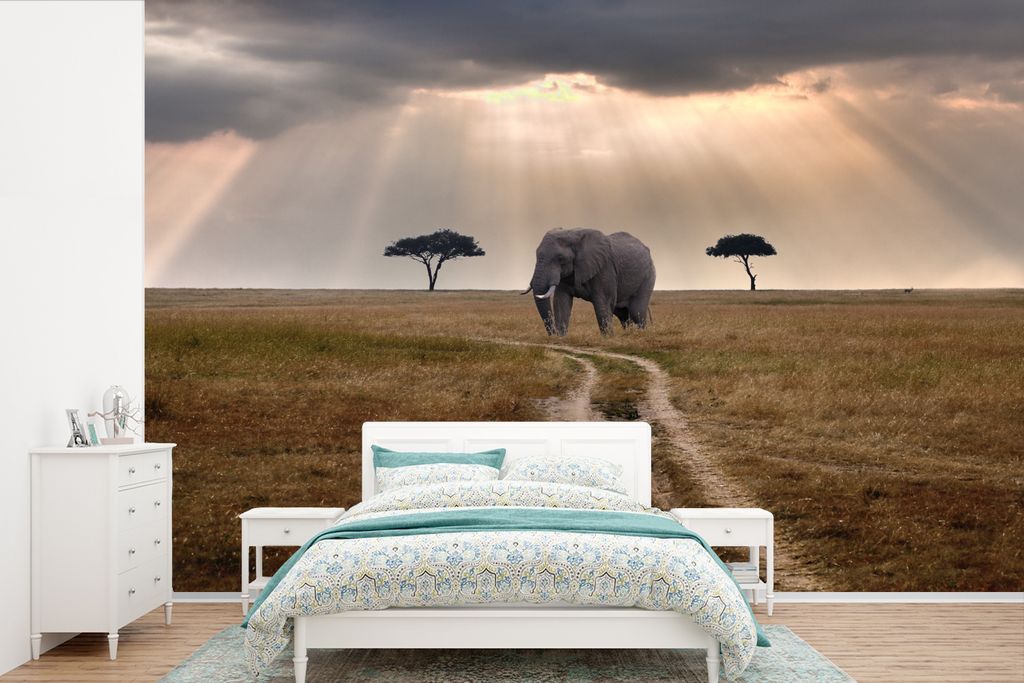 MuchoWow Fototapete für Wohnzimmer oder Schlafzimmer Wandtapete Vinyl Motivtapete Elefant im Masai Mara-Nationalpark in Kenia - 420x280 cm - Zim...